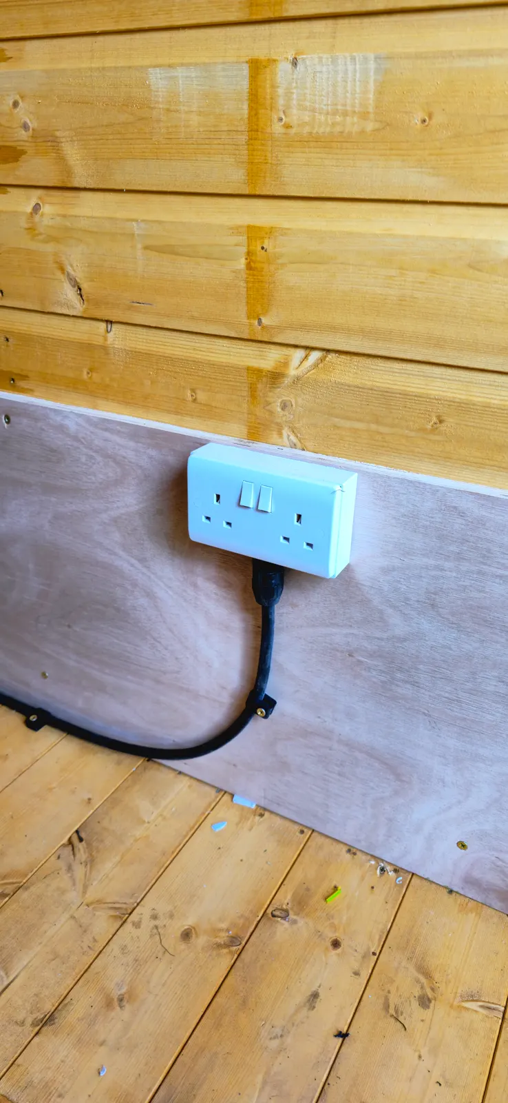 Double socket installed in timber outbuilding by Chilvers Electrical