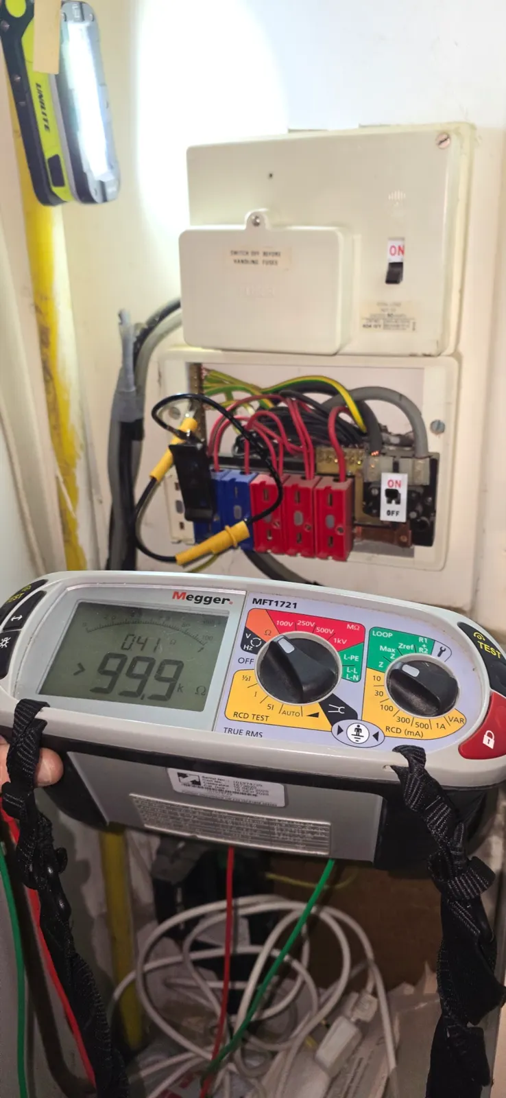 Electrical testing of consumer unit using Megger MFT1721 tester