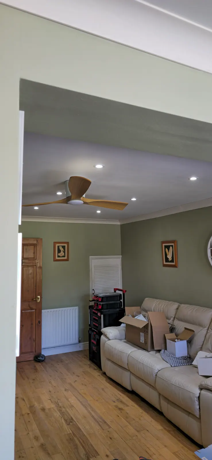 Recessed downlights and ceiling fan installation in living room